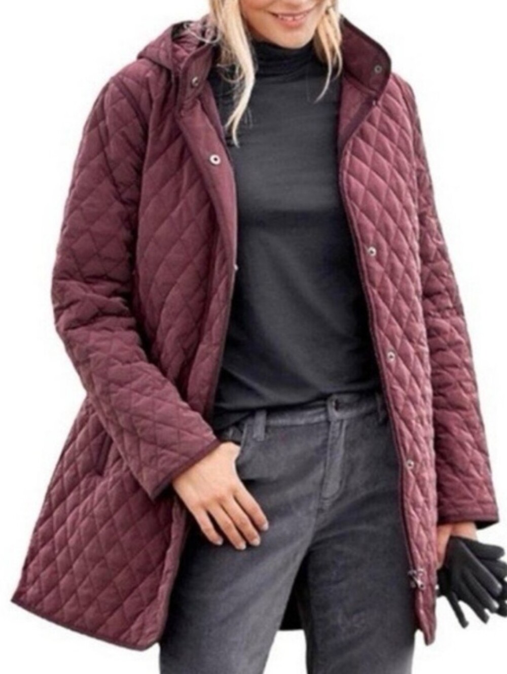 Garnet Hill Essential Quilted Long Hooded Coat Size 10 Burgundy Fall Mature